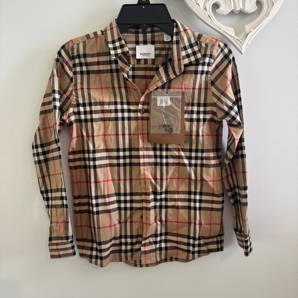 Burberry boys Beige and Red Plaid Button Down Shirt 8y